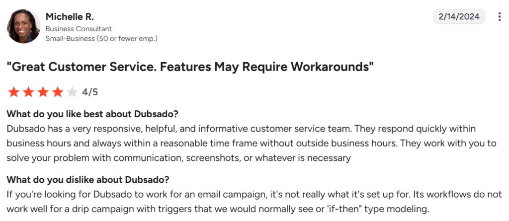 Dubsado review with pros and cons from G2