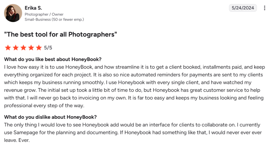 HoneyBook review with pros and cons from G2