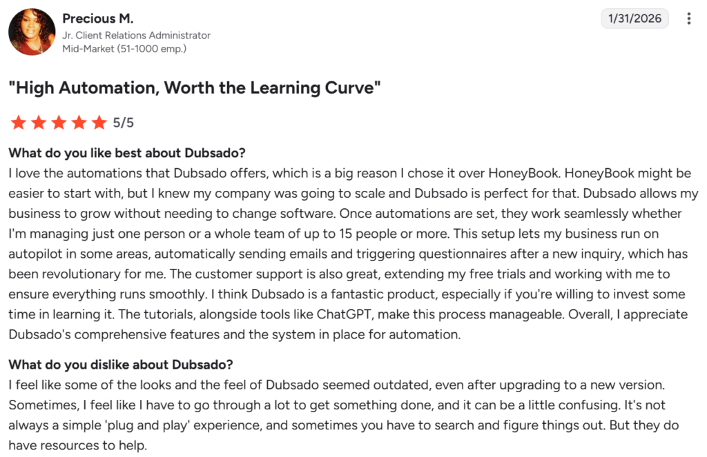 Dubsado review with pros and cons from G2