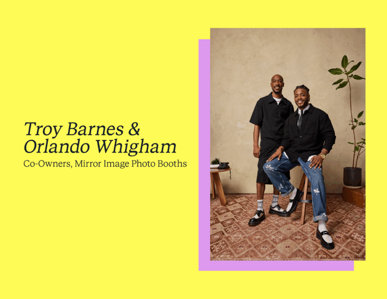 A picture of Troy Barnes and Orlando Whigham, the co-owners of Mirror Image Photo Booths on a bright yellow background.