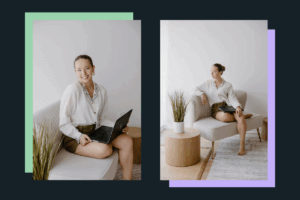 two photos of the photographer, India Jade McCue. On the left she is looking straight at the camera with her laptop on her lap. In the second, she is looking to the left.