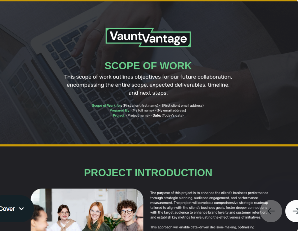 Scope of Work template for marketing agencies, featuring white and green text, an image of a person typing on a laptop, and four people in a meeting