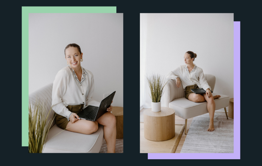 two photos of the photographer, India Jade McCue. On the left she is looking straight at the camera with her laptop on her lap. In the second, she is looking to the left.