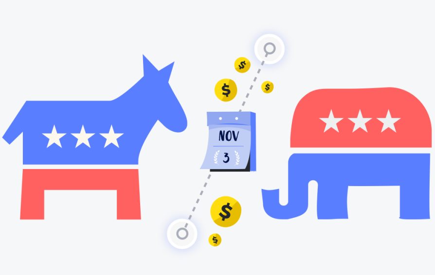 The Democratic donkey (left) and Republican elephant (right) are split by a line and a calendar reading Nov 3