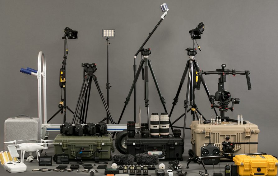 An assortment of videography equipment