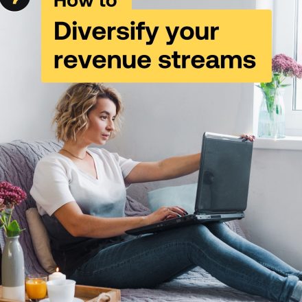 Woman sits on the couch using a laptop on the cover of the How to Diversify your revenue streams guide.