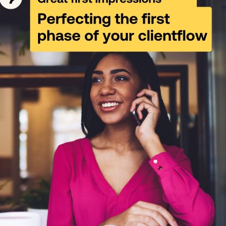 A woman holds a phone and smiles on the cover image of the Great first impressions templates guide.