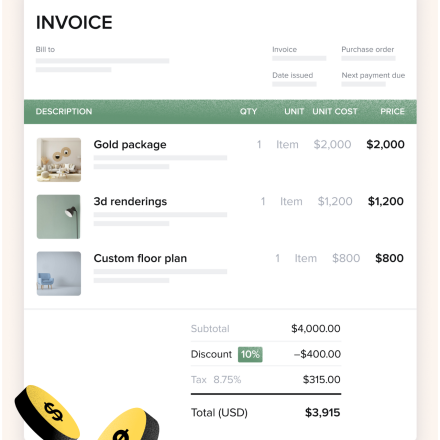 Invoice template with coins and a merino background.