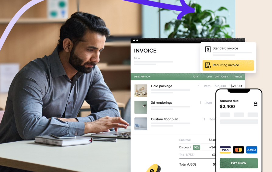 Man on computer using a HoneyBook invoice