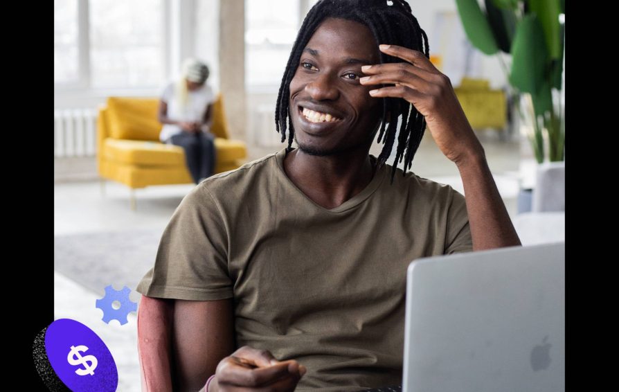 Man smiling while on laptop with automation illustrations
