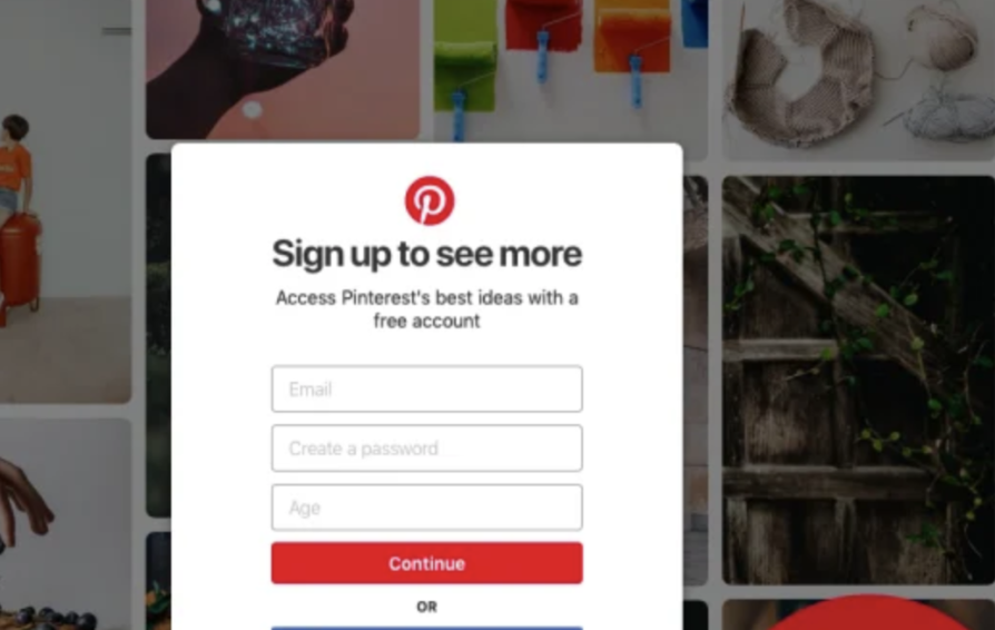 the pinterest login screen