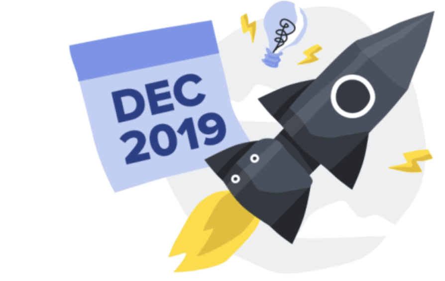 a calendar showing dec 2019 next to a rocket ship and a light bulb