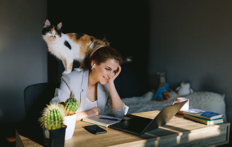 Girl Working At Home With Her Cat.