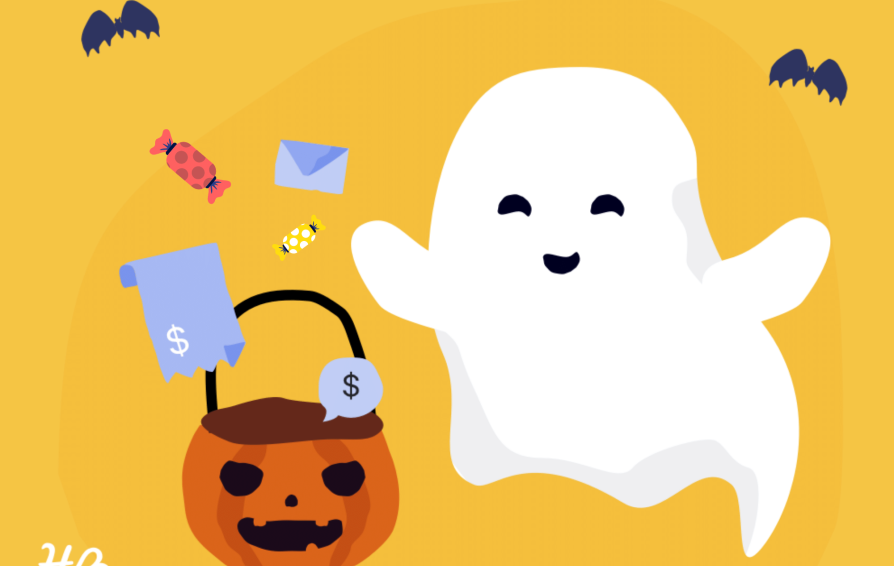 Ghost getting sweet treats in a trick-or-treat bag