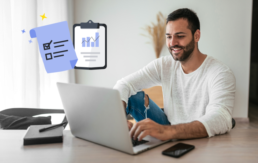 Man uses laptop to make checklist.
