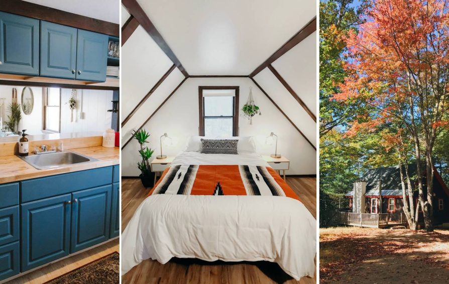 a collage of a kitchen, bedroom and trees