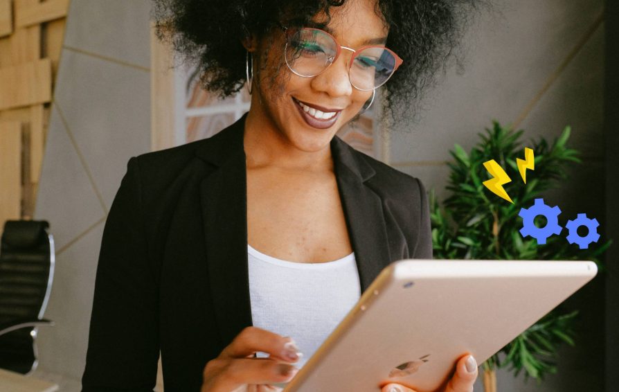 Woman on her ipad with icons representing automated business processes