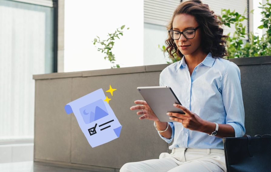 Woman holding a tablet with a sales brochure