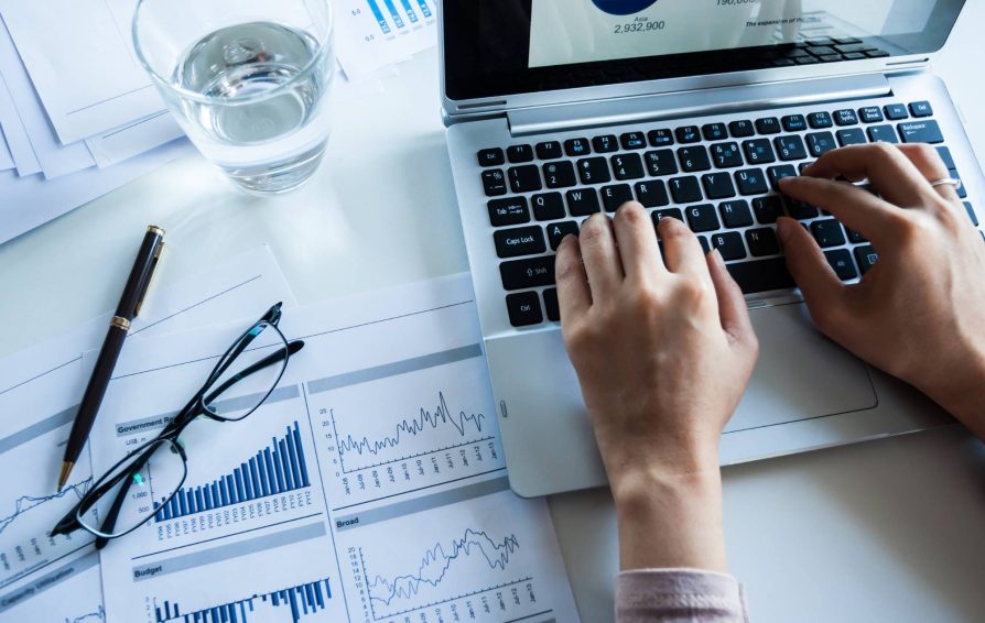 Person on computer working on a profit and loss statement with charts