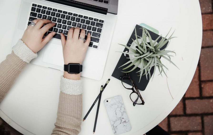 typing on a laptop with a plant
