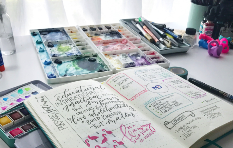 an open notebook with art supplies