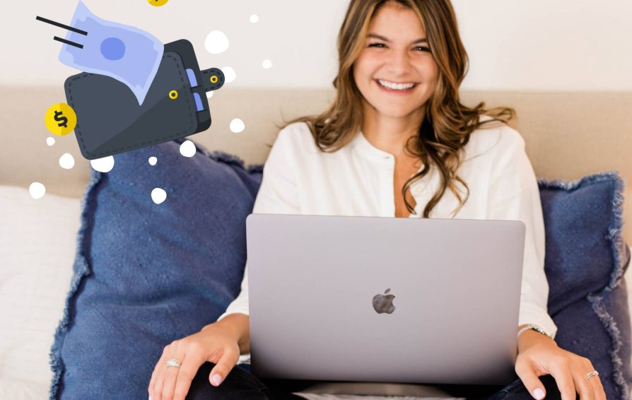 Kristi Dasilva on her laptop and a HoneyBook payment processing icon