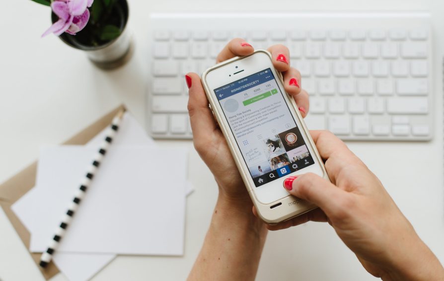 A pair of hands hold a phone that is open to Rising Tide Society's social media profile.
