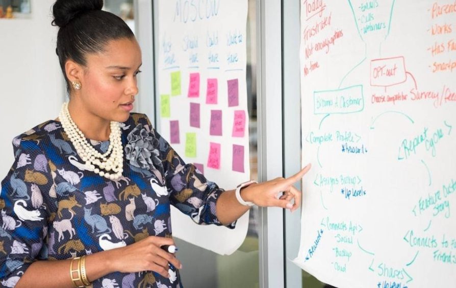 Woman pointing at whiteboard to train employees