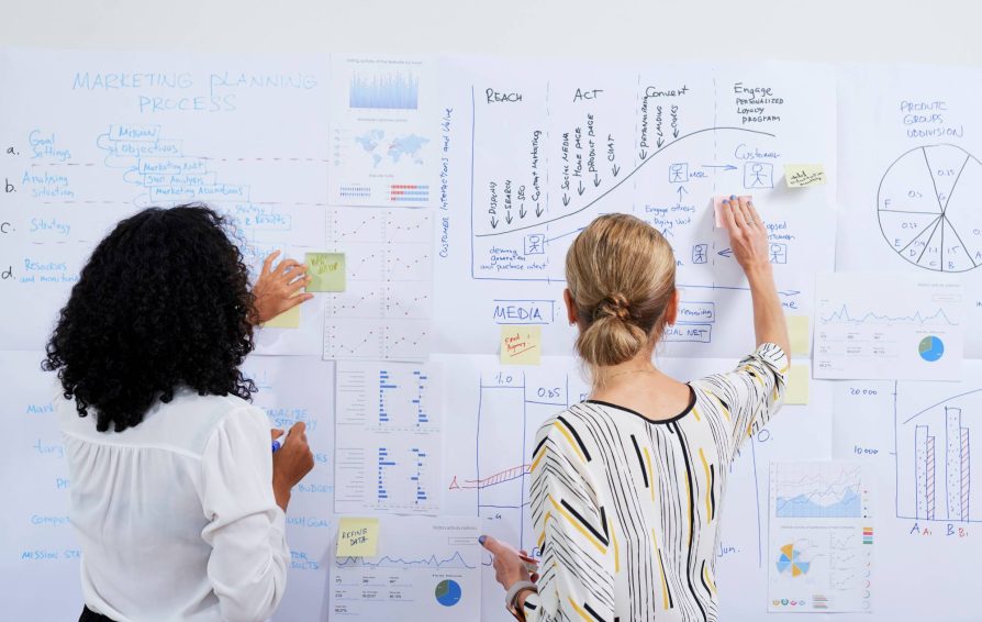 Two women writing business process automation examples on a white board