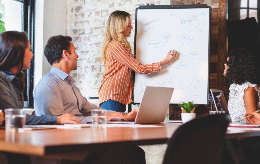Group of people creating a process map on a whiteboard