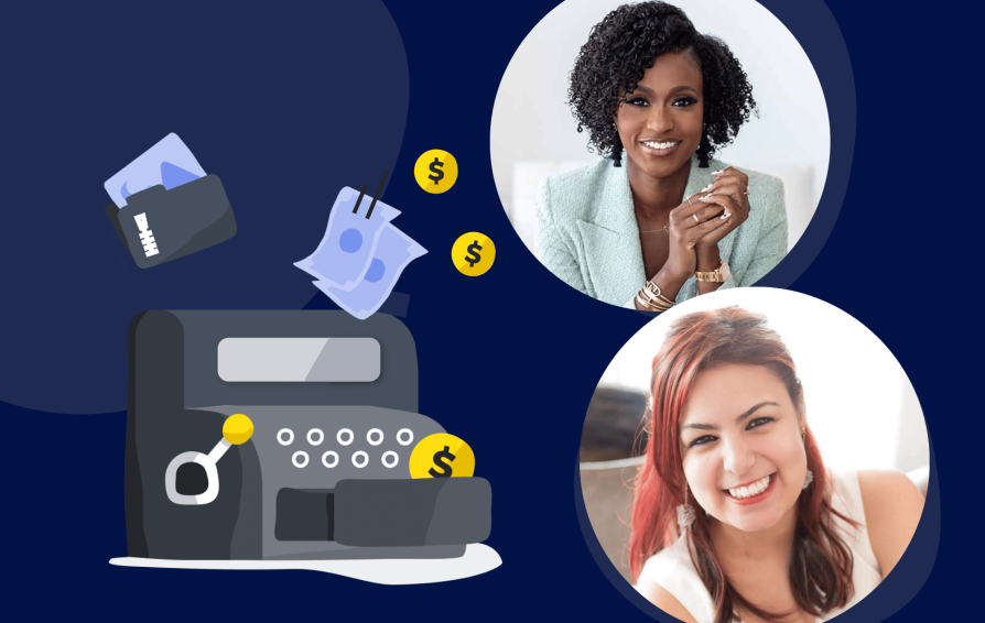 Headshots of Dominique Broadway and Geily Romero next to cash register illustration
