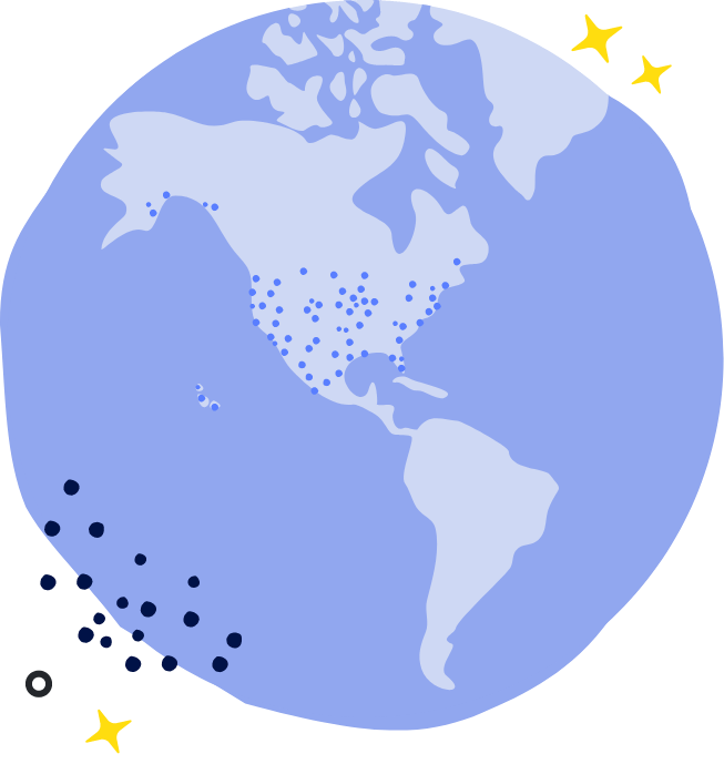 A minimalist drawing of the world with dots and sparkles.