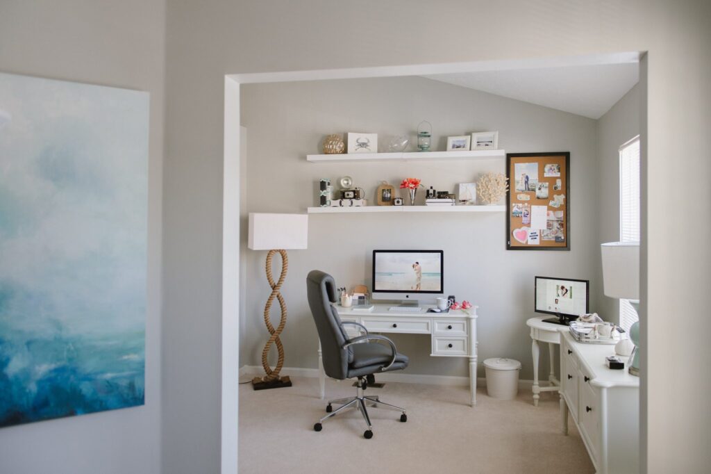 A view into a white home office