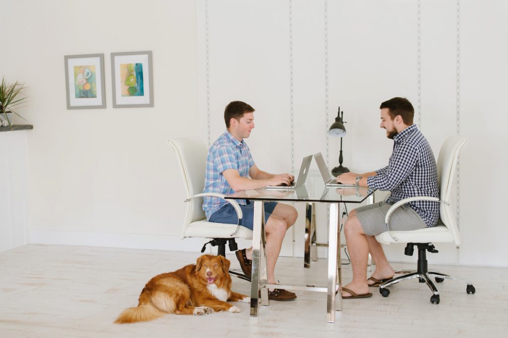 2 Men working at desk with a dog.