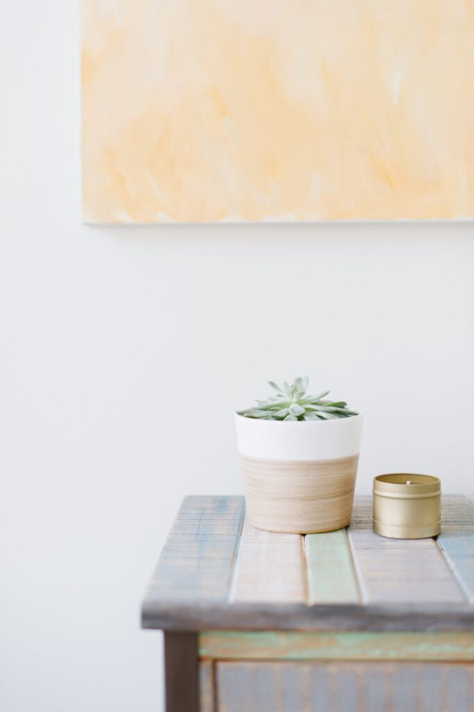 A stylish shot of a wall with a large canvas and an accent table set with a potted plant and a candle
