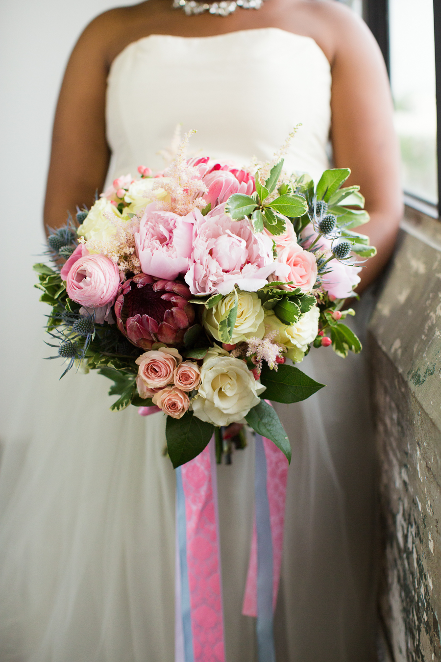 Houston Tuesdays Together (Rising Tide Society) Pantone Colors Styled Shoot, African American Bride, Bright and colorful wedding bouquet with ribbon