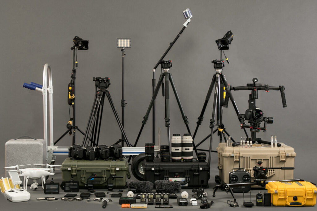 An assortment of videography equipment