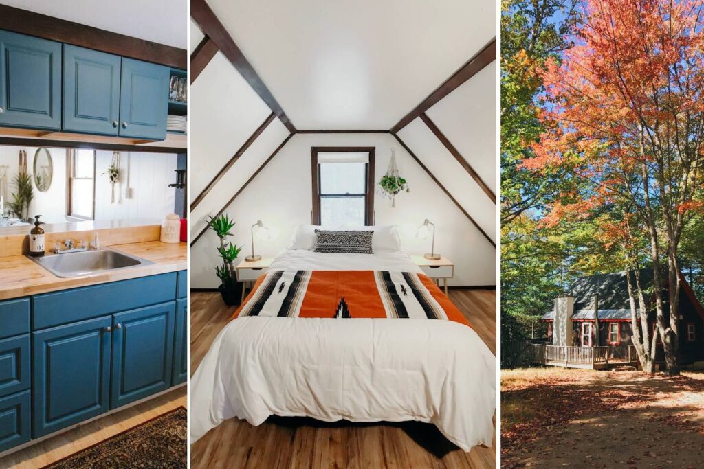a collage of a kitchen, bedroom and trees