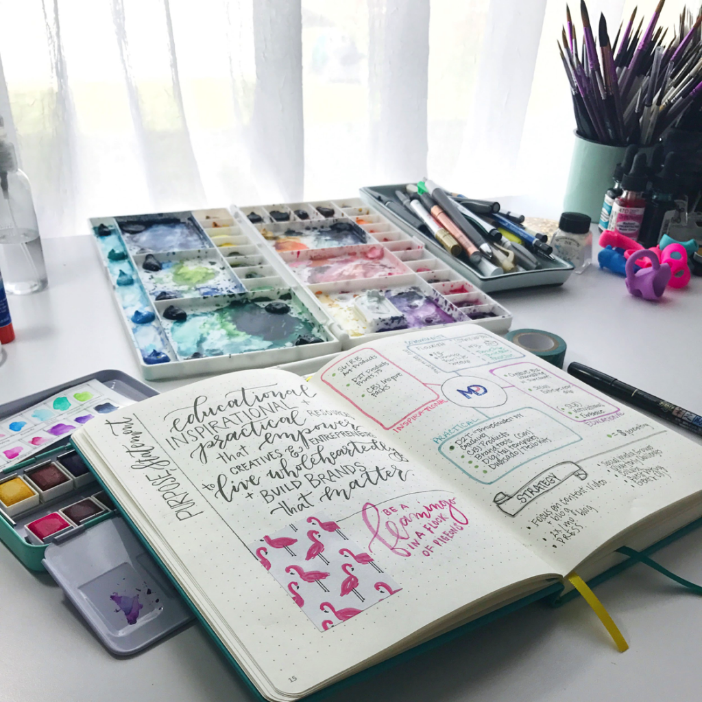 an open notebook with art supplies