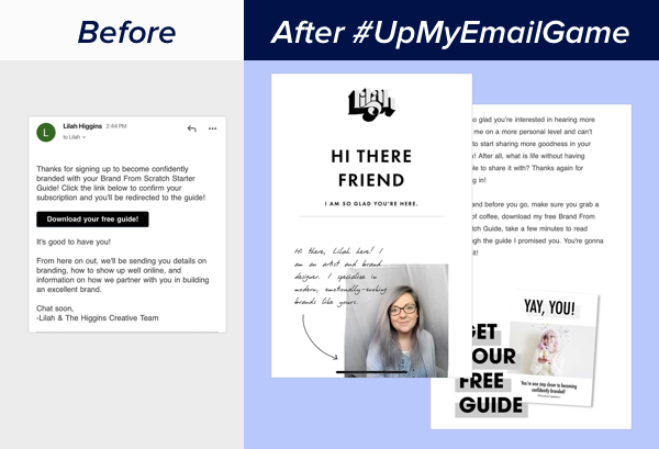 a less engaging email compared to a more styled, branded, engaging version of the same email