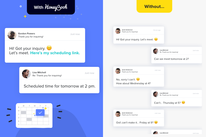 Scheduling meetings with HoneyBook vs. without