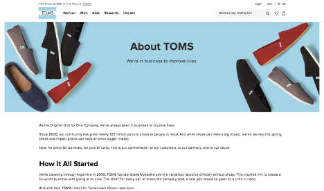 Toms website screenshot as an example of brand story