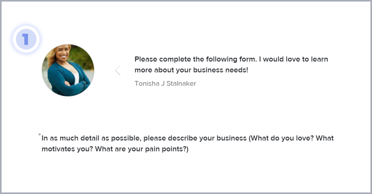 Screenshot of Tonisha's contact form with the first question
