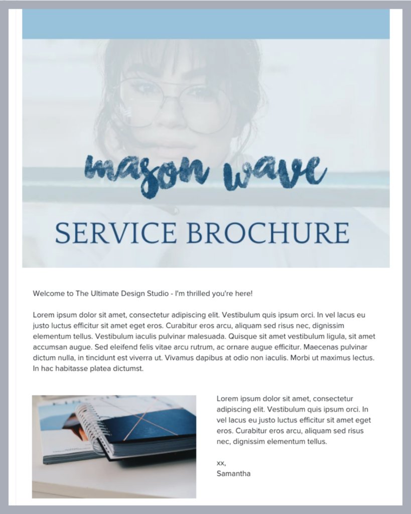 Screenshot of a HoneyBook brochure header that shows an introduction for a service brochure