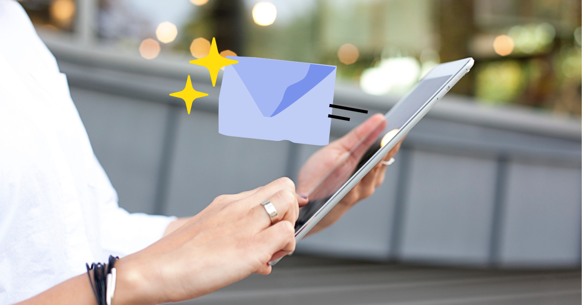Photo of a woman's hand holding an iPad with an illustration of an envelope to show email marketing
