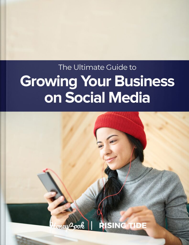 A magazine cover reads "The Ultimate Guide to Growing Your Business on Social Media" with a woman holding a phone