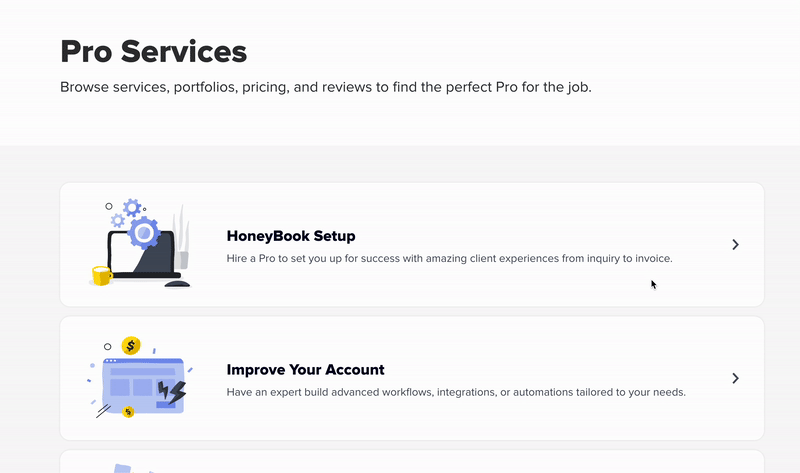 Browsing the HoneyBook Pros Marketplace