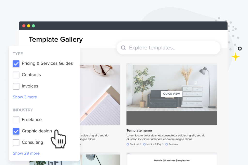 HoneyBook template gallery with filtering