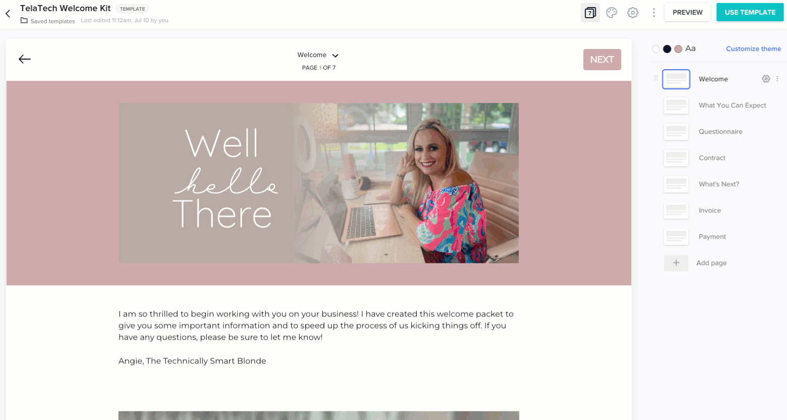 Zooming in on the pages included in a welcome packet HoneyBook smart file