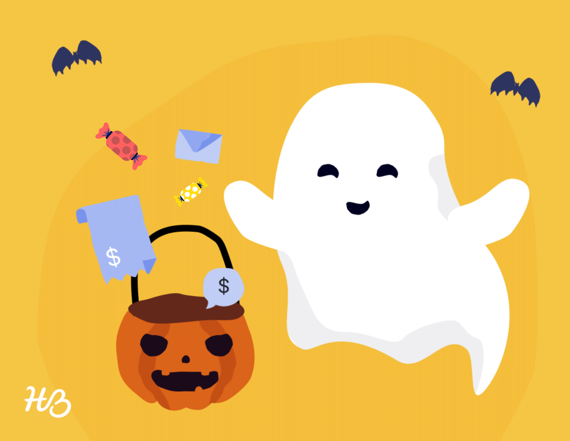Ghost getting sweet treats in a trick-or-treat bag